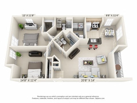 Floor plan for 2 beds, 2 baths, 1100 sqft